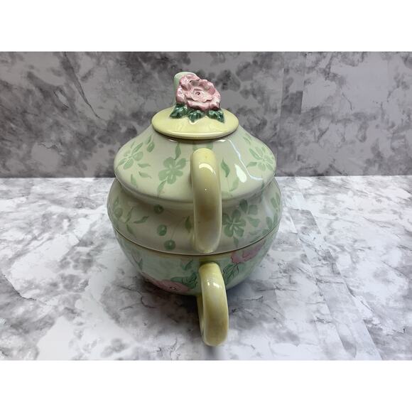 Capriware Ceramic Teapot/Cup - Tea For One - Hand Painted Roses Green/Pink - Picture 2 of 6